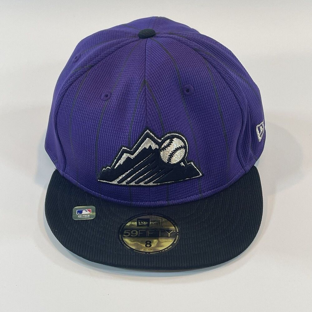 New Era Fitted Hat Size 8 Colorado Rockies Purple 59Fifty Pinstripes Mountains